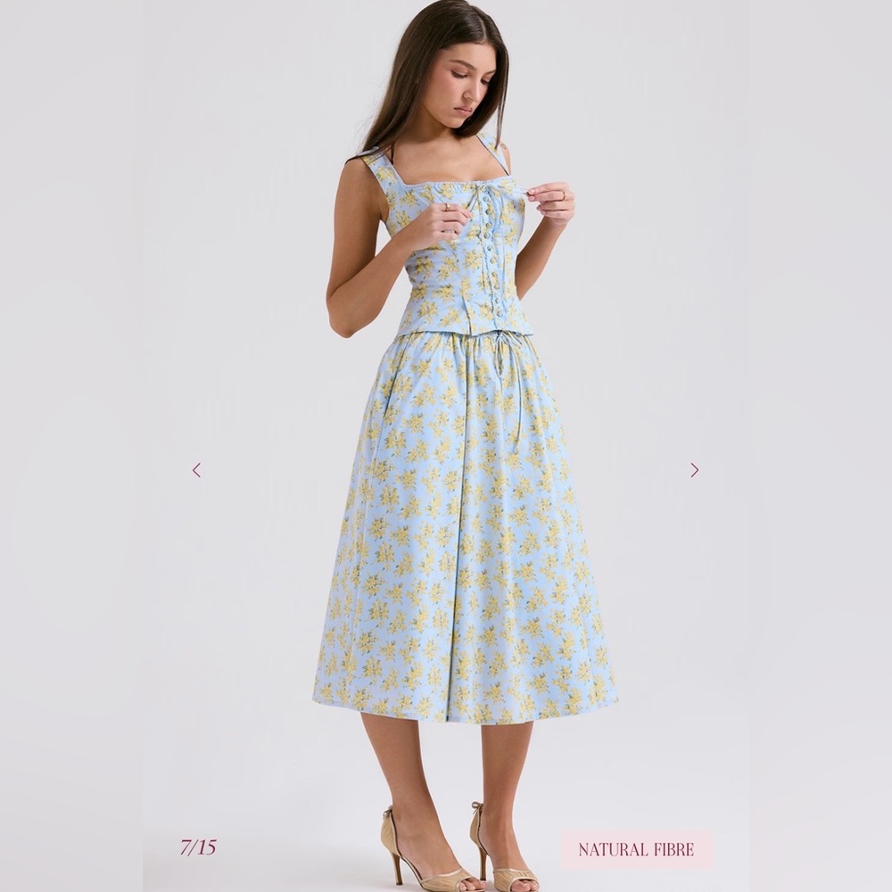House of CB Cora Soft blue vintage floral print cotton midi skirt